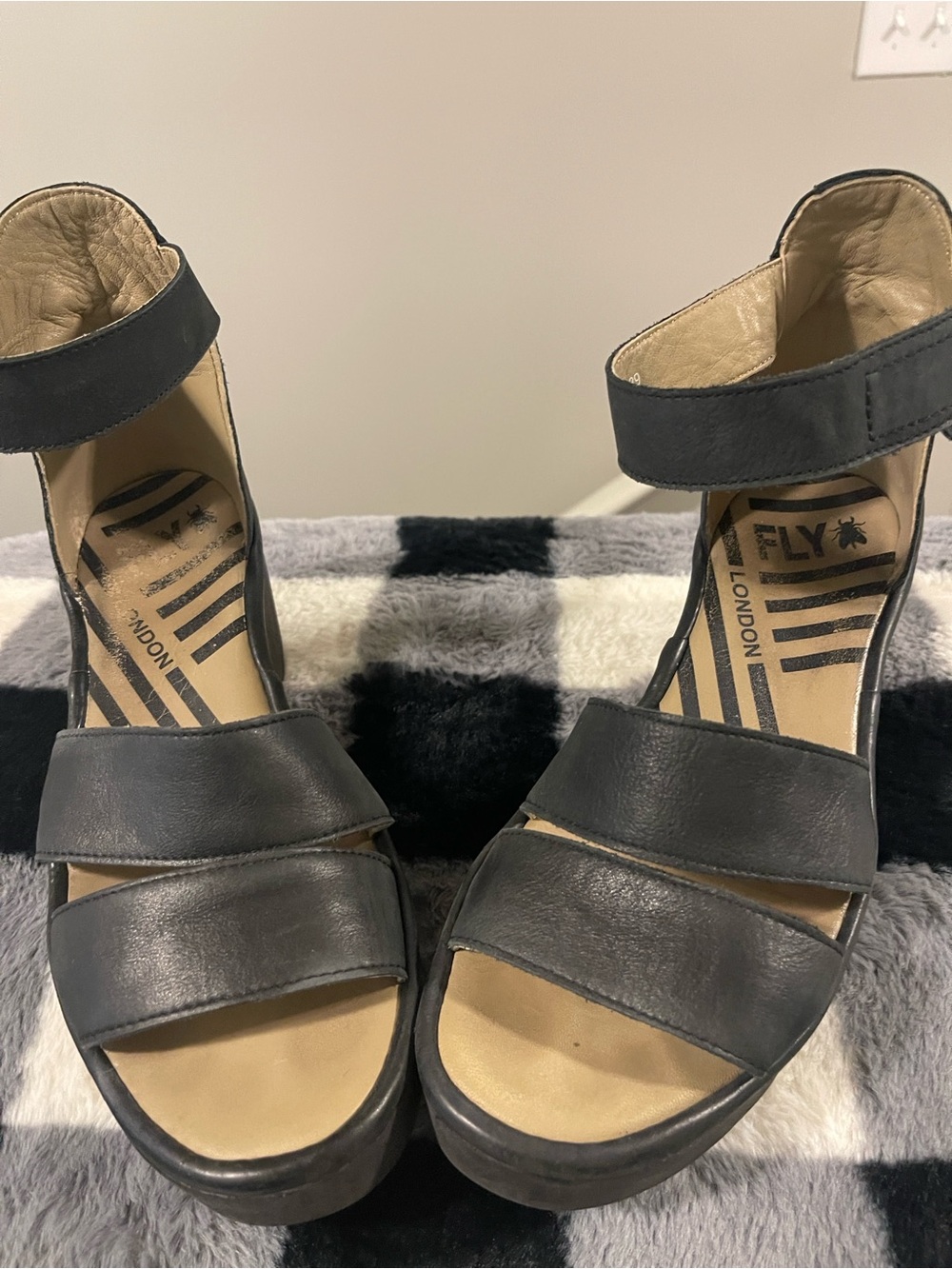Fly London Black Leather Platform Ankle-Strap Sandals